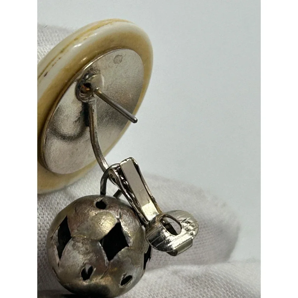 Vtg LES BERNARD Runway EARRINGS Faux Bone‎ & Silver Toned Dangle Southwestern